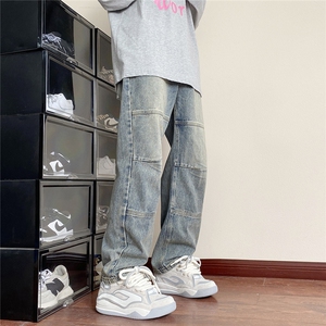 美式高街vibe风直筒长裤欧美痞帅男hiphop复古水洗牛仔裤图片