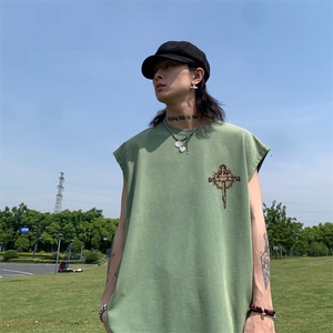 美式十字架印花水洗做旧夏无袖背心/马甲/坎肩XZ514-2-1309-P35