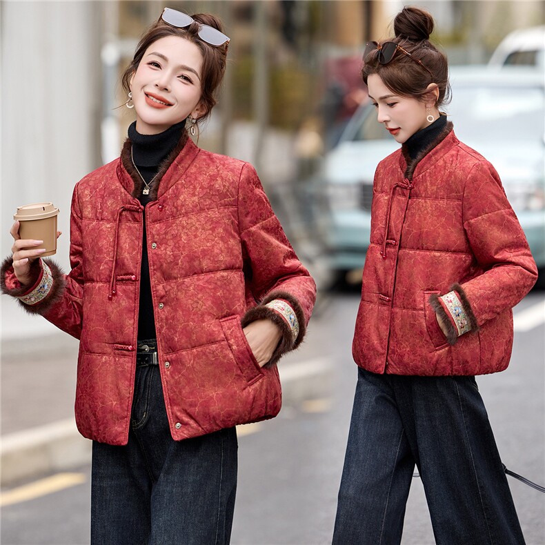 新中式绵羊毛棉服女2025年冬季新款时尚刺绣真水貂毛棉袄加厚外套,女装棉衣/棉服,拾衣
