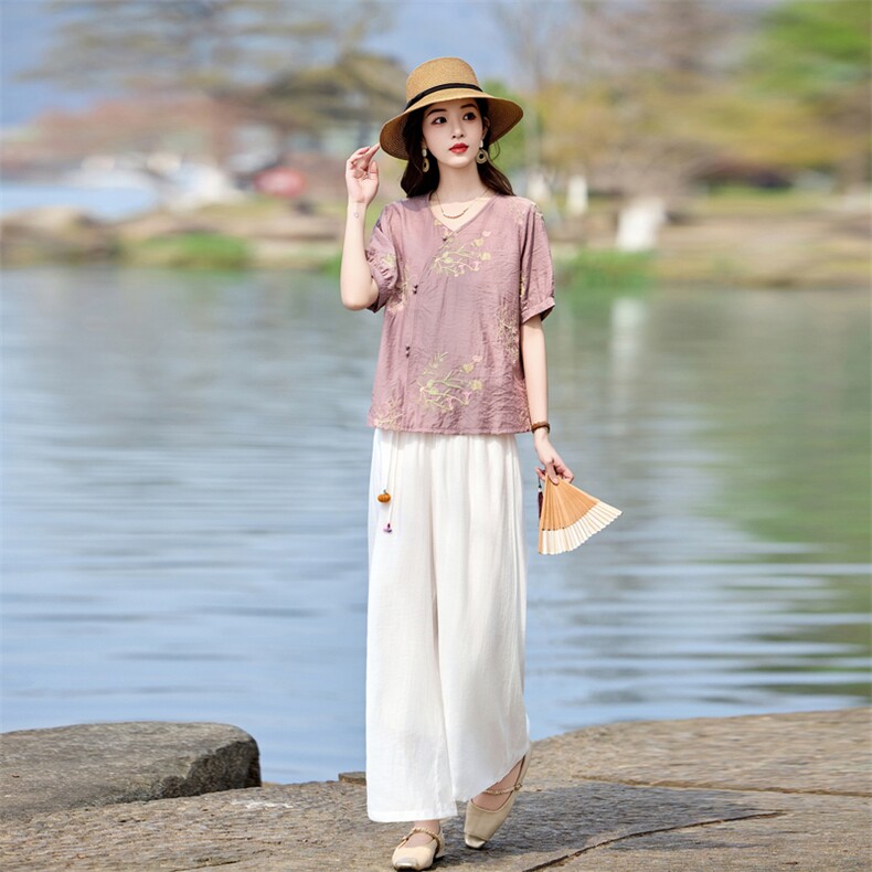 时尚优雅绣花套装女2026夏季新款复古气质宽松阔腿裤两件套,女装套装/套裙,魅影