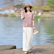 时尚优雅绣花套装女2026夏季新款复古气质宽松阔腿裤两件套，女装套装/套裙，魅影