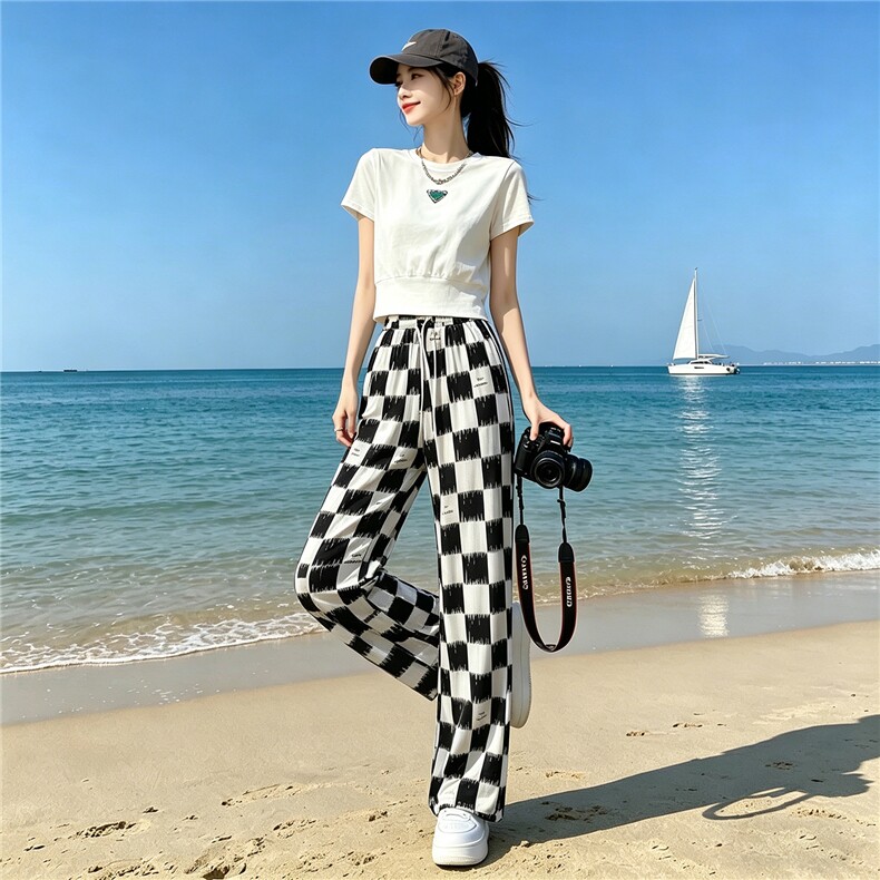 欧货时尚休闲运动套装女夏季新款显瘦圆领短袖上衣格子长裤两件套,女装套装/套裙,江南