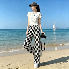 欧货时尚休闲运动套装女夏季新款显瘦圆领短袖上衣格子长裤两件套，女装套装/套裙，江南