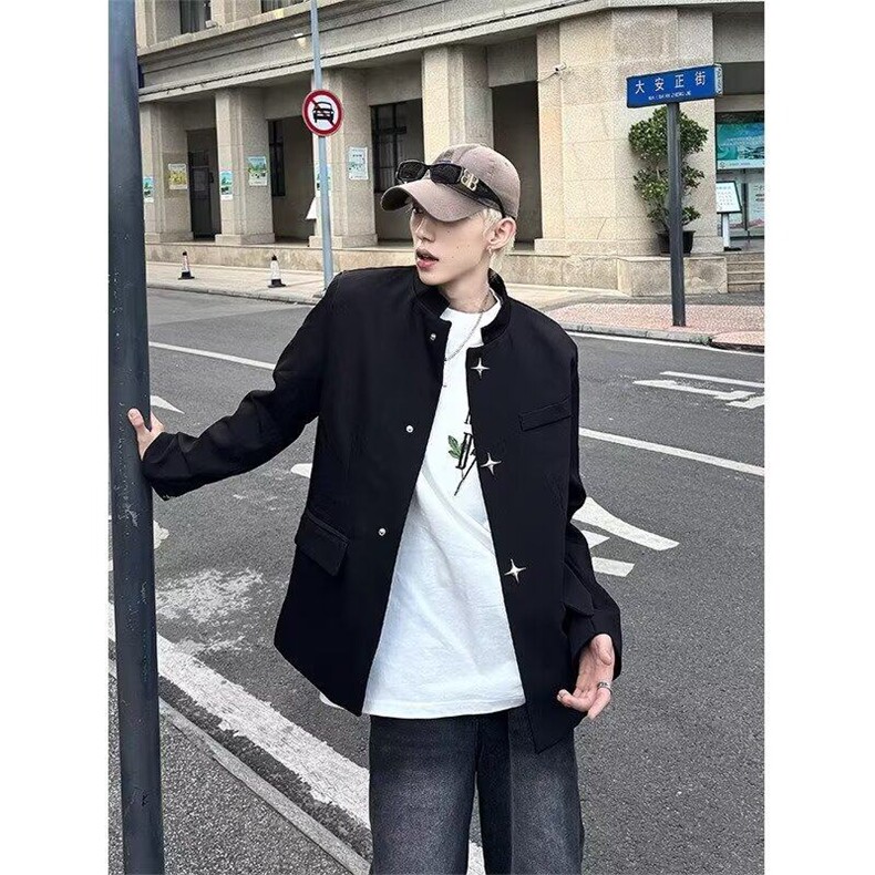 新中式男装风西装外套男休闲西服套装高级感立领垫肩中山装潮图片