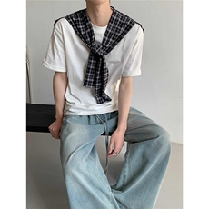 美式高街格子绑带披肩T恤男女新款夏季情侣短袖潮牌LW2233-P50，男装T恤，星座1008