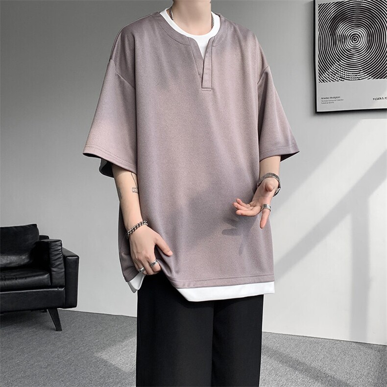 8XL-M重磅斜纹假两件短袖t恤男夏季薄款宽松大码半袖体恤DT006P45图片