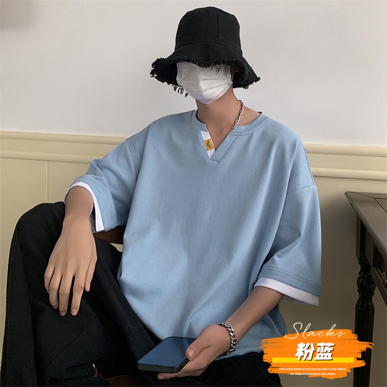 冰氧仿棉短袖港风夏季休闲百搭假两件男上衣TC3153-P28控48图片