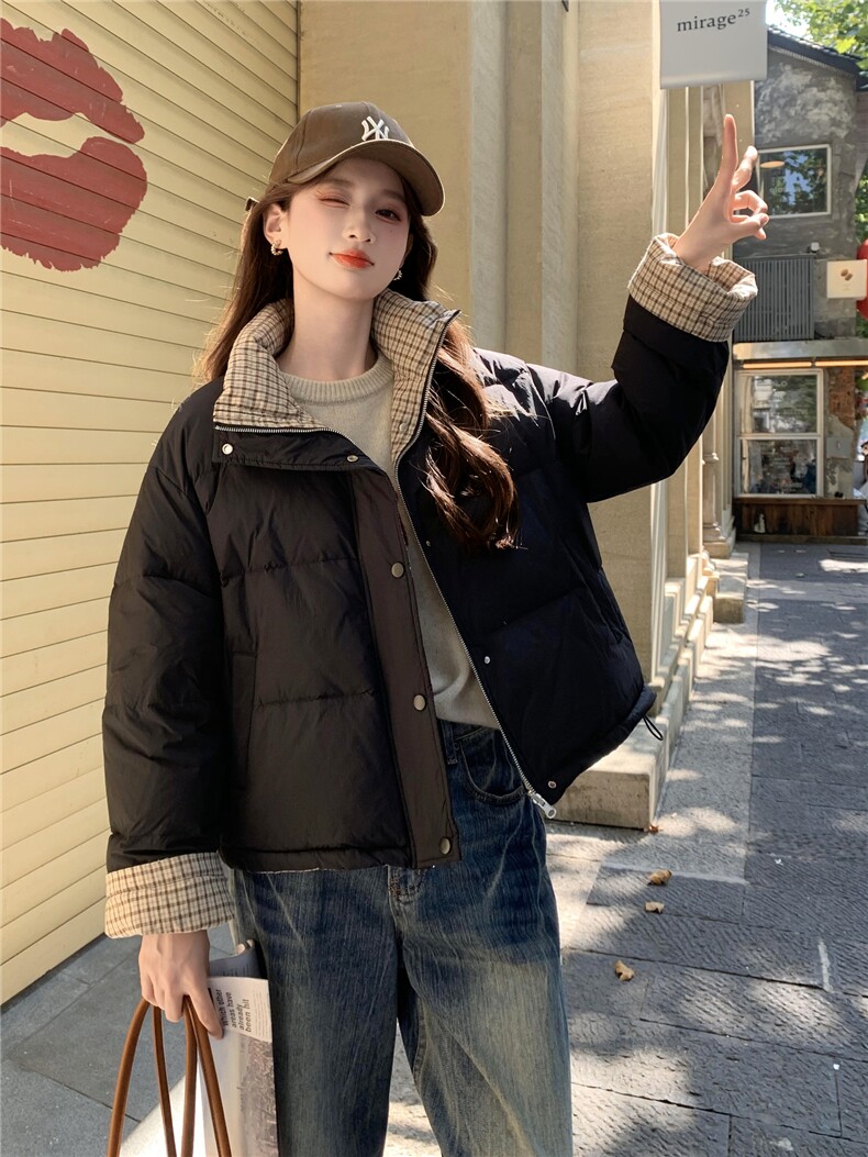 现货新款韩版宽松立领撞色格子袖口羽绒服短款外套百搭洋气,女装羽绒服,韩然一族