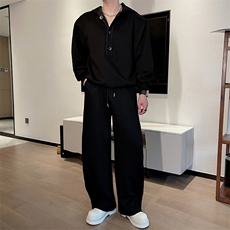 抖音春装撞色牛仔拼接连帽卫衣宽松弯刀裤套装男潮TZ279-P158，男装休闲套装，电商B267