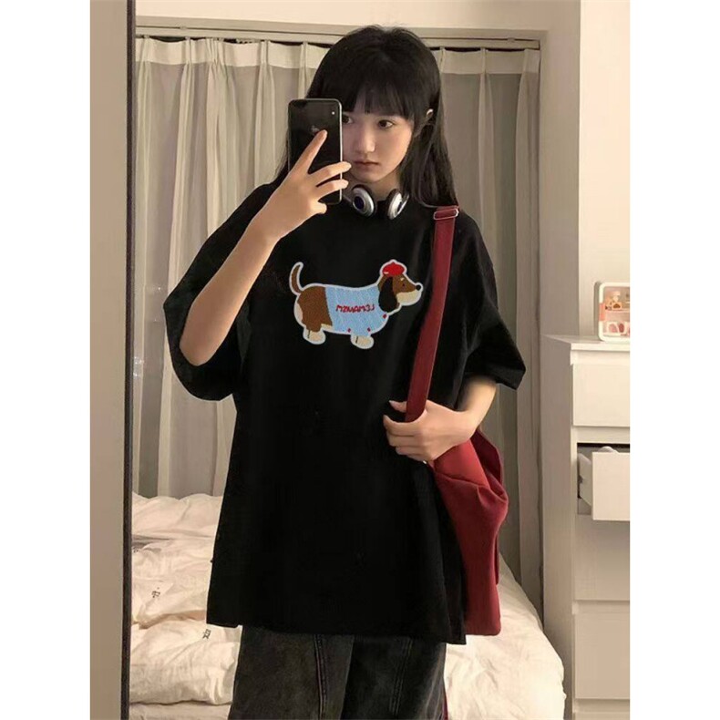 H0525-p35 毛巾绣新款腊肠狗宽松短袖T恤图片