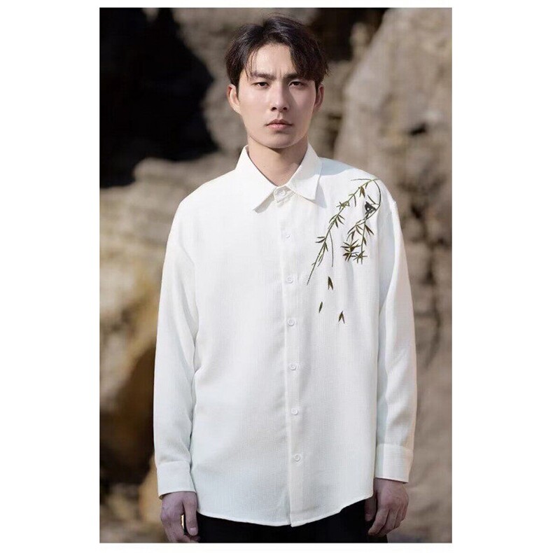 长袖衬衫男秋季新款风花卉刺绣男装潮流时尚修身内搭抗皱衬衣,男装衬衫,星座506A