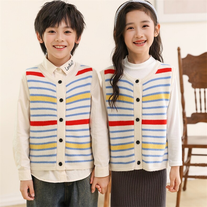 秋冬季新款舒适时尚百搭七针加厚彩虹马甲开衫，童装马甲，伊绒腾羊绒