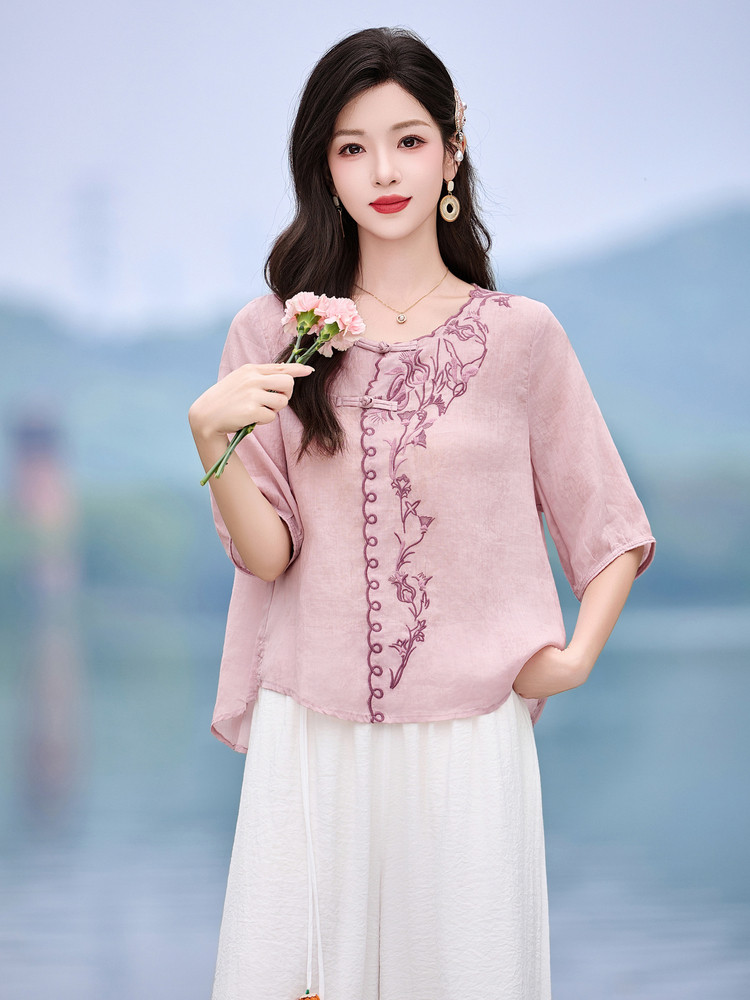 时尚洋气刺绣苎麻套装女2026夏季新款宽松遮肉显瘦阔腿裤两件套,女装套装/套裙,魅影