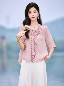 时尚洋气刺绣苎麻套装女2026夏季新款宽松遮肉显瘦阔腿裤两件套图片
