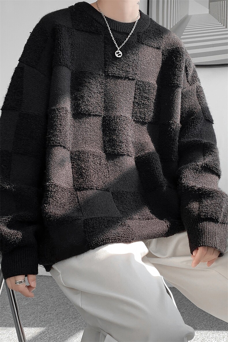 8XL-M特大码美式街头设计感毛巾绣格子毛衣男女情侣MY1204P50控68,男装针织衫/毛衣,电商D206-1