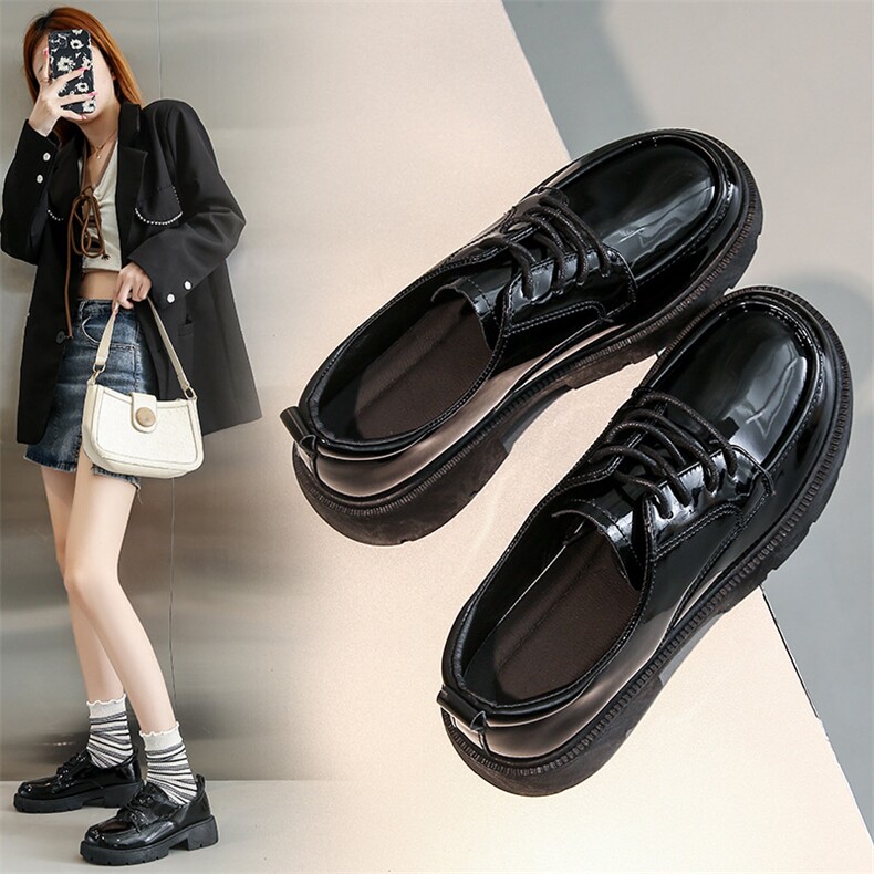 2023秋季新款亮面小皮鞋女ins潮厚底增高系带复古学院英伦风，女鞋小皮鞋，电商A223