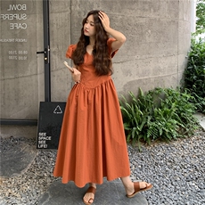 橘色法式甜美泡泡袖V领连衣裙女2025年夏季新款温柔风显瘦长裙子，女装连衣裙，2C307