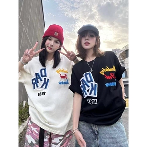 美式潮潮流刺绣植绒短袖男女高街情侣时尚百搭宽松t恤TX1023图片