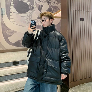 (特价)假两件pu皮棉袄高级牛仔拼接双层休闲棉服棉袄 313B-P81-70图片