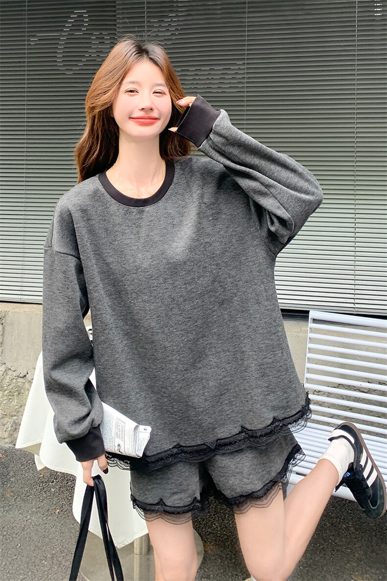韩版宽松减龄卫衣短裤两件套女2025年春秋季新款时尚蕾丝拼接套装,女装套装/套裙,1D066-1
