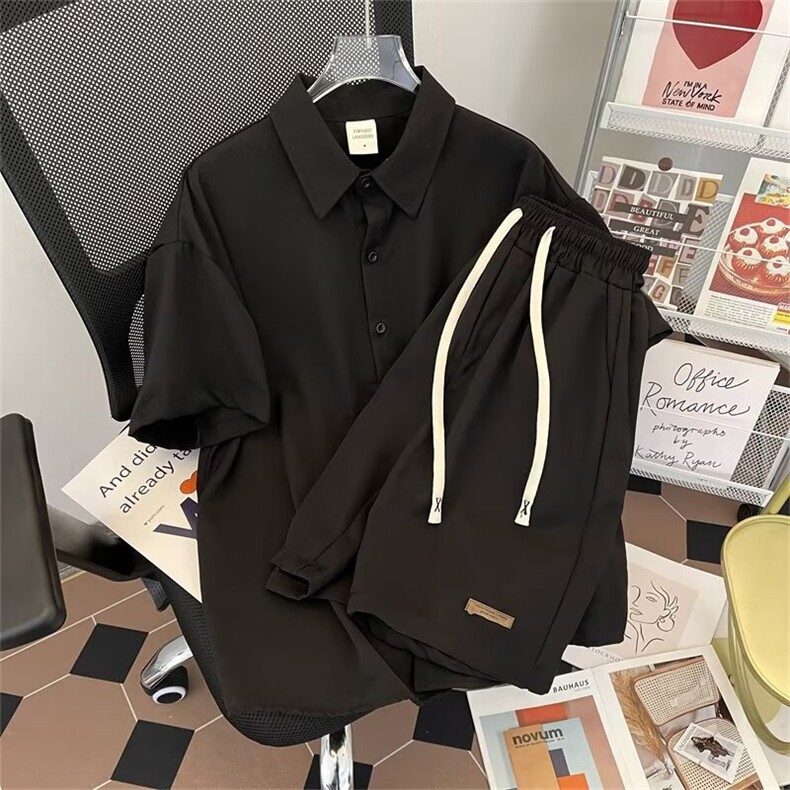 衬衫短袖男士夏季短裤套装休闲宽松纯色大码运动服夏装W5789-P56图片