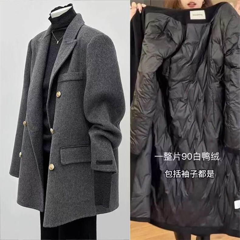 2025年冬季内胆加绒西装领双排扣通勤西装外套毛呢大衣呢子西装，女装毛呢外套，红依娜