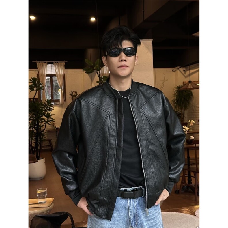网图现货倒三角红内衬PU皮棒球服宽松夹克JK85特P55,男装夹克,星座205-3
