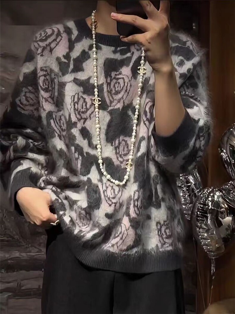 2026年秋季时尚百搭通勤简约休闲撞色花朵圆领长袖，女装针织衫/毛衣，北娇羊绒