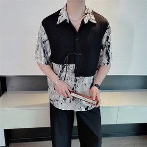 夏季新中式风水墨画假两件拼接痞帅短袖衬衫男宽松衬衣0905-P53图片