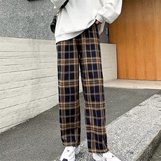 新款流行自然腰阔腿裤潮流百搭气质男女文艺休闲裤长裤格子P27，男装休闲裤，四季星座218-1