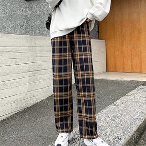 新款流行自然腰阔腿裤潮流百搭气质男女文艺休闲裤长裤格子P27图片