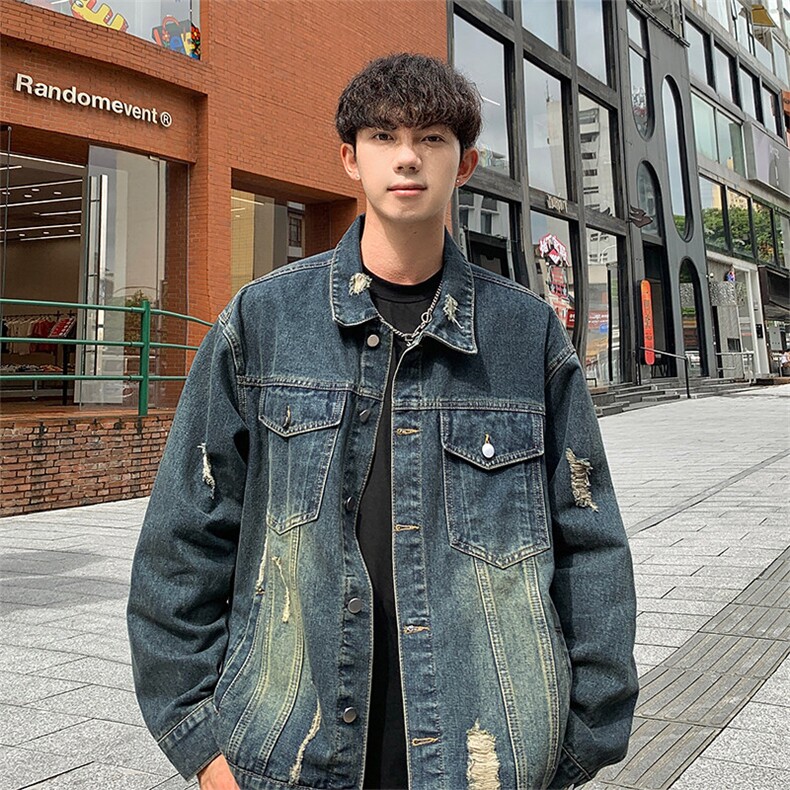 春季新款 Q2482-TP45不 美式复古夹克外套男磨破水洗牛仔夹克图片