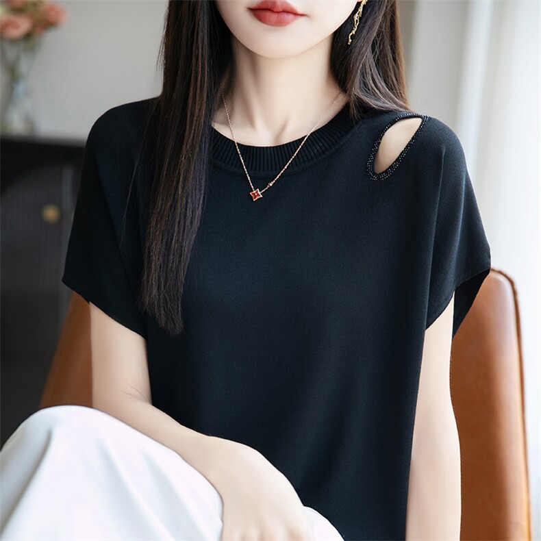 设计感镂空露肩T恤女曲珠冰丝短袖针织薄款上衣洋气气质短袖,女装T恤,羿纯羊绒高端店