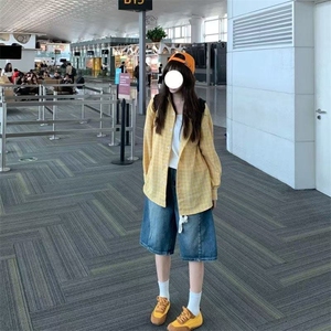 黄色格纹衬衫女复古慵懒风2025夏季韩系宽松休闲上衣长袖防晒外套图片