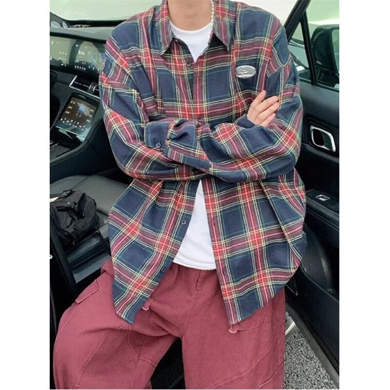 春秋新款复古格纹长袖衬衫男美式情侣衬衣情侣装外套C390,男装衬衫,星座1116A（原606A-3）