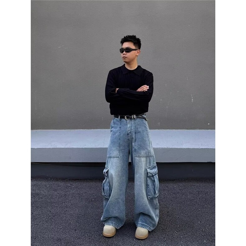 美式多口袋工装牛仔裤秋季高街宽松直筒阔腿裤FN345-P60,男装牛仔裤,星座1001-1