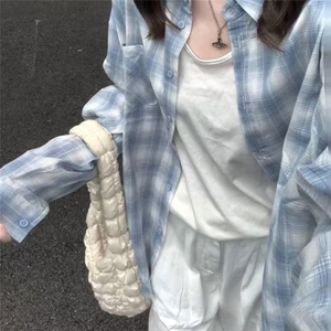 小清新中长蓝色格子长袖衬衫女秋季慵懒风polo领宽松防晒衬衣外套图片