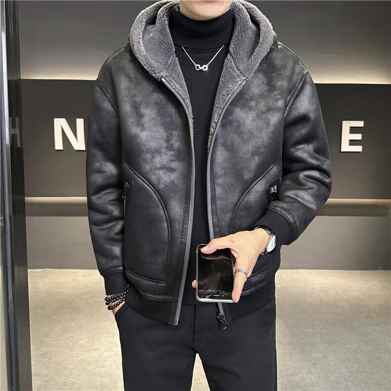 模特图正反两穿2025冬季保暖外套皮毛一体夹克羊羔毛连帽8910p235，男装夹克，电商A203-1