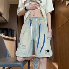 K136/P45美式vibe高街破洞牛仔短裤男夏季彩纹设计感直筒五分裤，男装牛仔裤，电商基地A050