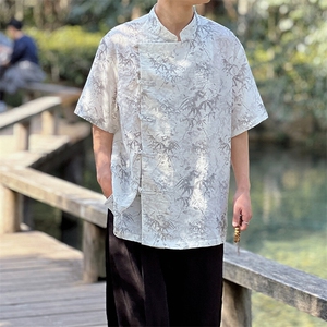 现货新中式 风短袖衬衫竹叶印花盘扣斜门襟T恤CS35-P65图片