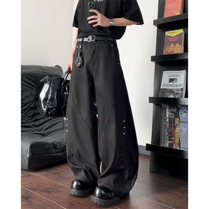 铆钉廓形裁剪弯刀裤垂感西裤男女阔腿直筒百搭设计感休闲裤H58图片