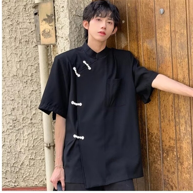 短袖百搭衬衫原宿时尚潮流潮男ins标准夏季青春流行方领新款慵懒，男装T恤，星座506A
