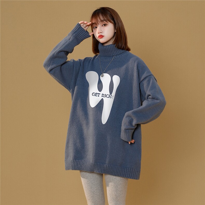 中性22冬季时尚潮流设计感W字母印花可翻高领套头毛衣M953P55控78,男装针织衫/毛衣,A247A