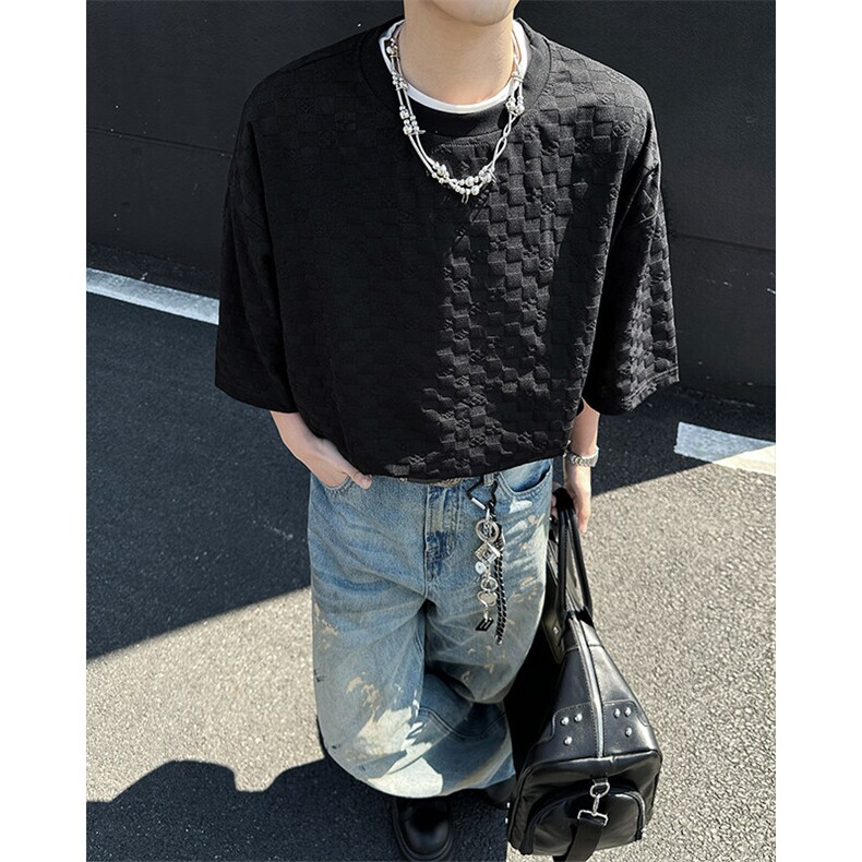 8XL-M特大码短袖男夏季港风棋盘格子T恤冰丝半截五分袖DX323P35,男装T恤,电商D206-1
