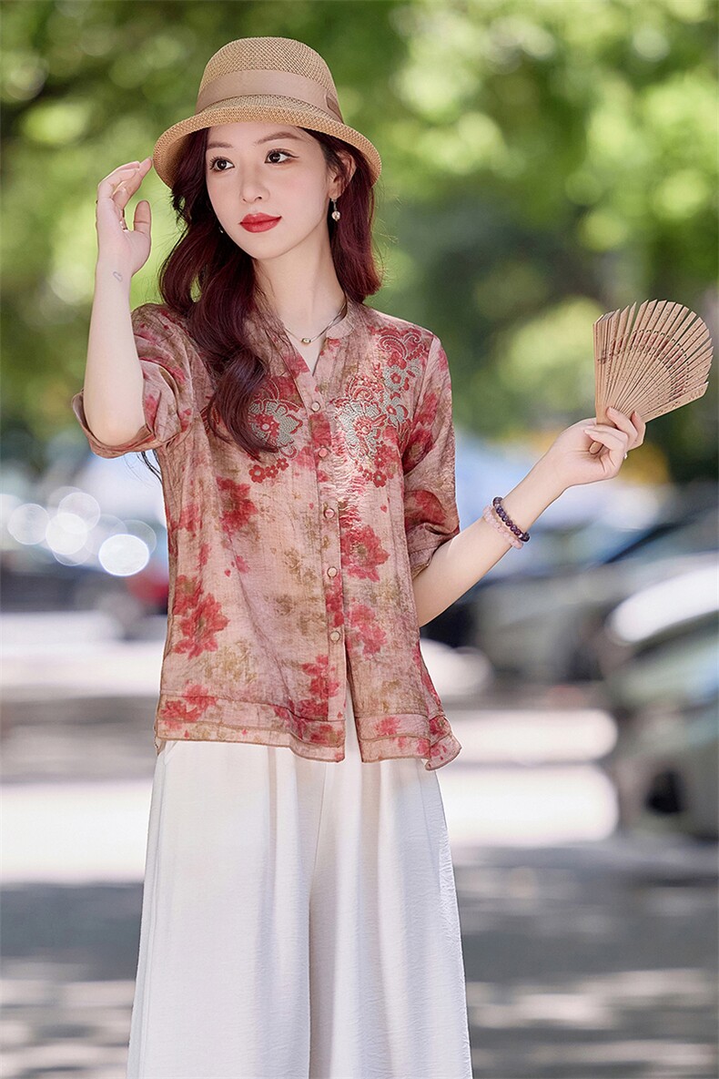 现货！夏季新款2025套装女简约时尚优雅气质天丝麻料印花刺绣上衣,女装衬衫,涵墨