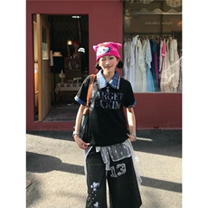 日系设计拼接格子polo领口假两件男女美式印花潮牌T恤，男装T恤，星座1210-1