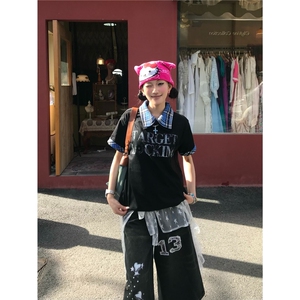 日系设计拼接格子polo领口假两件男女美式印花潮牌T恤图片