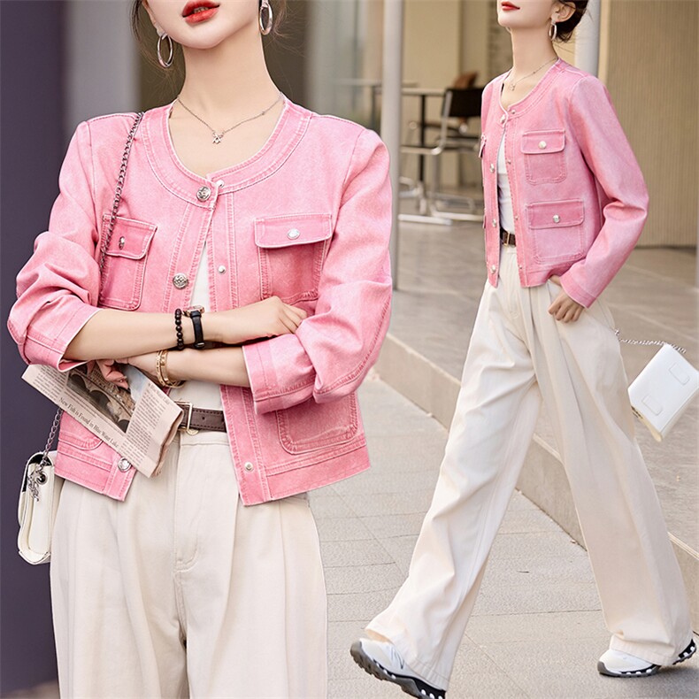 现货粉色小香风高级感皮外套女春秋季新款富家千金法式小个子上衣，女装皮衣，江南女神