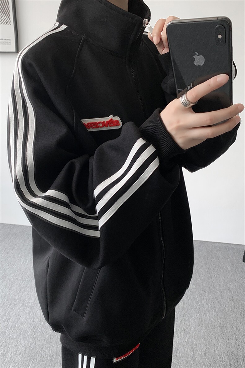 8XL-M条纹撞色开衫新年红卫衣运动套装潮牌运动服校园风TZ114P118,男装休闲套装,电商D206-1