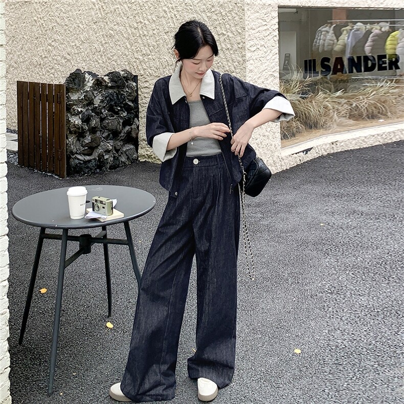 蓝色甜酷撞色小外套阔腿裤套装两件套女2025早秋季高级感时尚穿搭,女装套装/套裙,2C236